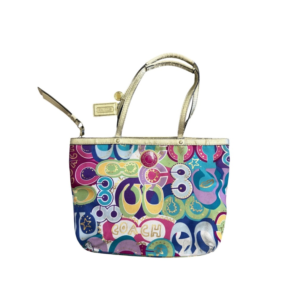 Coach Poppy Graffiti C Logo Canvas Tote Bag Metallic Gold Trim Multicolor